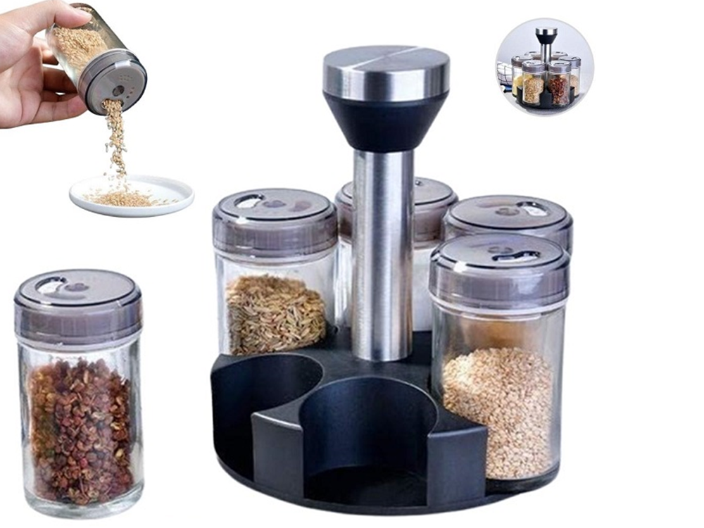 Solnita,Organizator de condimente recipiente rotative din sticlă 6 bucăți sare de condimente
