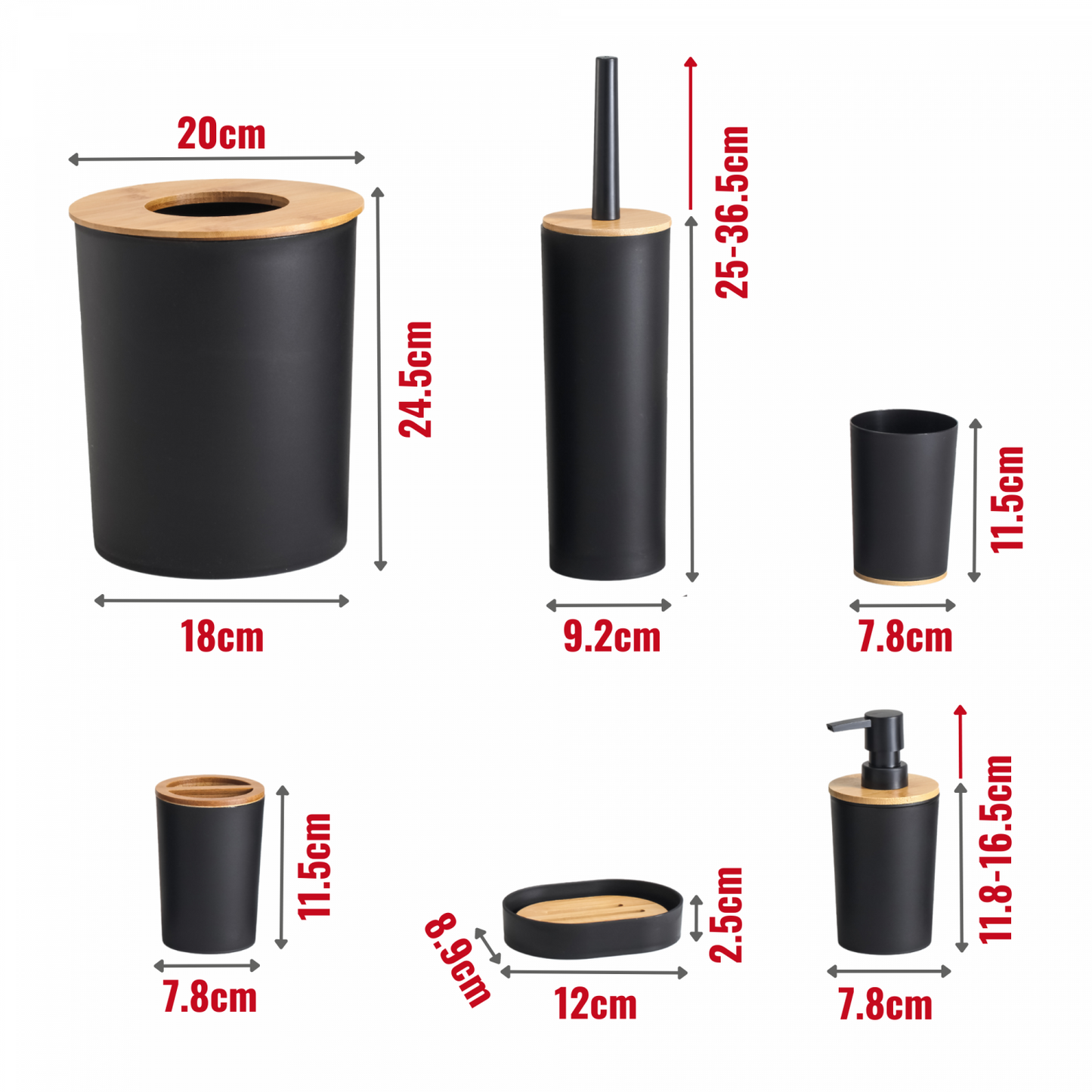 Set Baie 6 piese bambus, Negru Mat