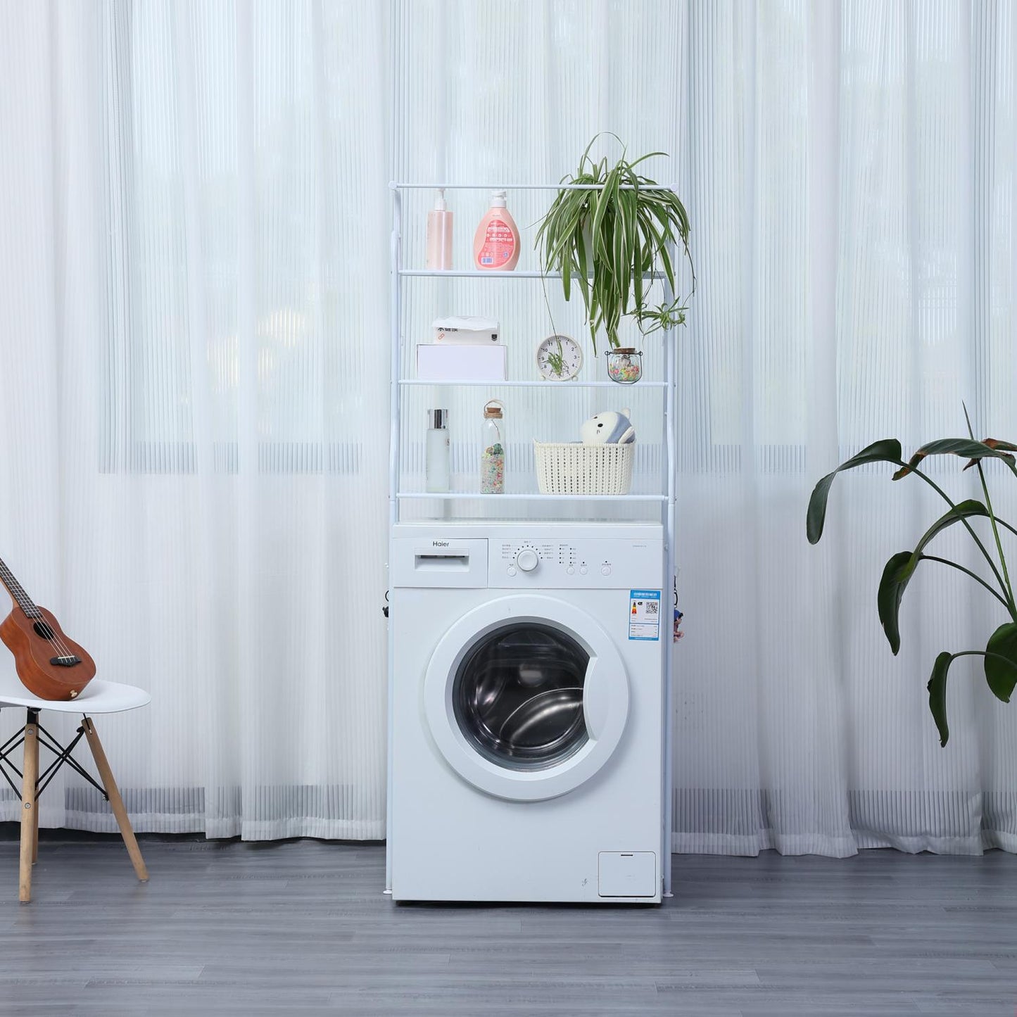 Raft pentru masina spalat cu 3 niveluri și raft de depozitare pentru baie cu umeraș pentru prosoape - alb