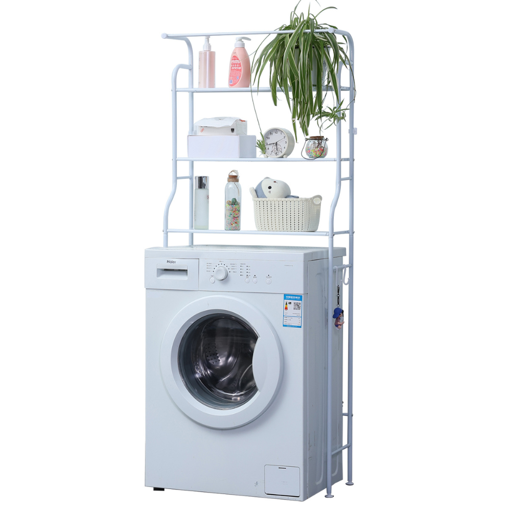 Raft pentru masina spalat cu 3 niveluri și raft de depozitare pentru baie cu umeraș pentru prosoape - alb