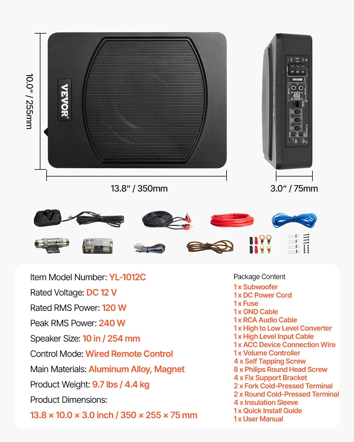 Subwoofer auto sub scaun 10 inch 240W, Subwoofer auto activ cu amplificator incorporat 240w